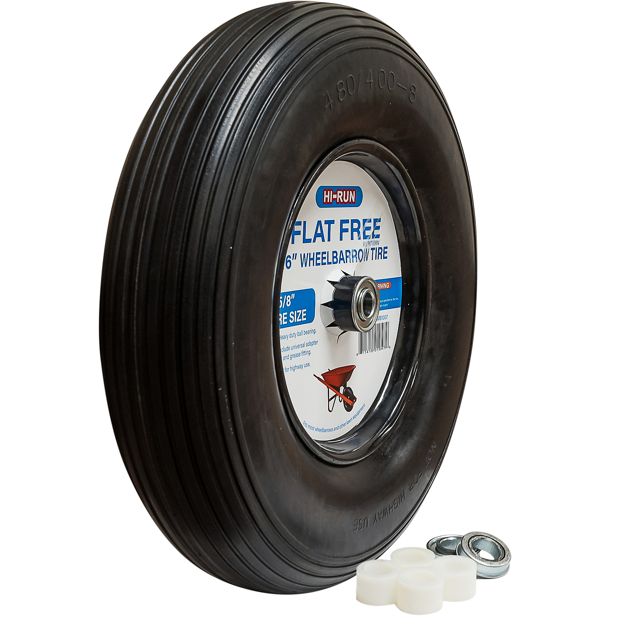 HI-RUN, Wheelbarrow Tire Assembly, Flat Free, Rib, Tire Size 16 Model# WB1007